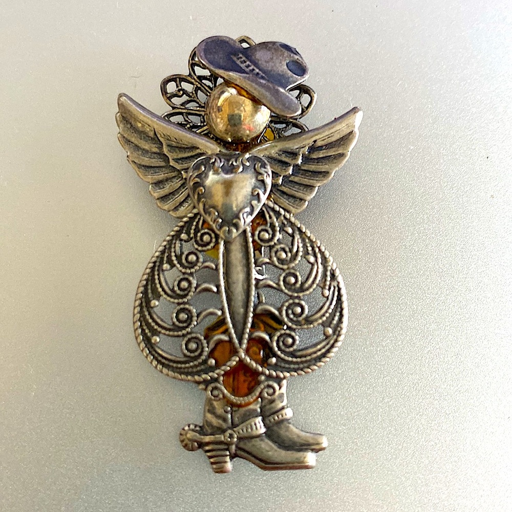 Vintage Western Silver Guardian Angel Brooch with Hat and Boots